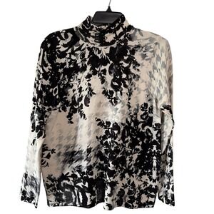 Chicos Black White Print Mock Neck Top Long Sleeve Lightweight Knit